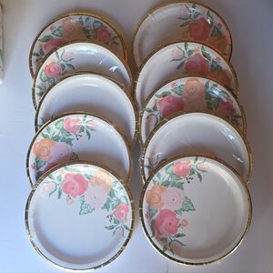 Floral Paper Party Plates with Gold Rim- 10 Packs